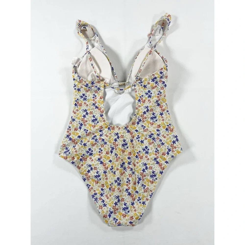 Shade & Shore Ruffle Plunge One Piece Swimsuit Ditsy Floral Cottage Womens M‎